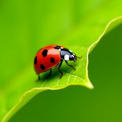 Fototapeta premium Ladybug on green leaf in garden close-up view