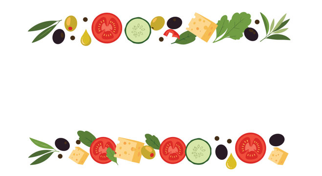 Animated food frame with fresh salad ingredients like tomato, cucumber, cheese, and olives, creating a healthy border with copy space.