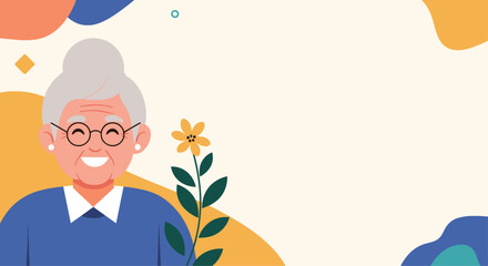 Warm and gentle illustration of a happy grandmother smiling, with abstract shapes and copy space for text on a soft background.