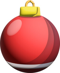 A glossy red Christmas ornament with a yellow cap and a white curved stripe near the bottom is shown against