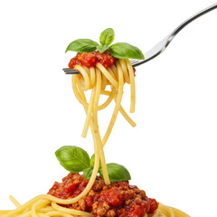 Golden yellow Italian spaghetti with rich red bolognese sauce and fresh green basil, perfectly twirled on a silver fork, against a transparent background, close-up, authentic Italian cuisine concept