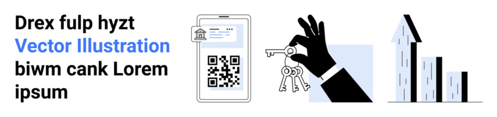 Cybersecurity, digital authentication, home security, real estate investment, property management, technology. A phone shows a QR code, a hand holds keys buildings growth. Cybersecurity and home