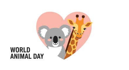 Naklejka premium World Animal Day card with a cute koala and giraffe inside a pink heart, celebrating love and care for all animal species.
