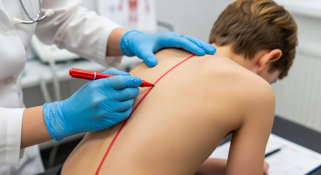 Orthopedic doctor examines a child's spine close-up, showing with a marker signs of scoliosis, spinal deformity. Concept of a medical professional, spine examination, health check, correct posture