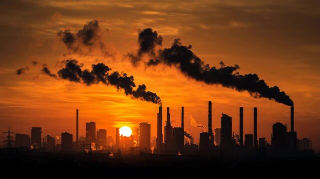 夕暮れの工業地帯に広がる大気汚染の景色