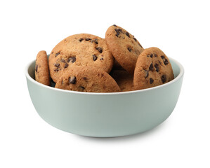 Delicious chocolate chip cookies in bowl isolated on white