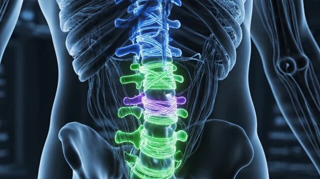 3D X-ray animation of the human spine highlighting the lumbar and sacral vertebrae. Medical visualization of lower back pain