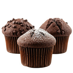 Three freshly baked chocolate muffins, two with glossy dark chips, one with white powdered sugar, in dark fluted liners, on a transparent background with copy space, still life food photography,