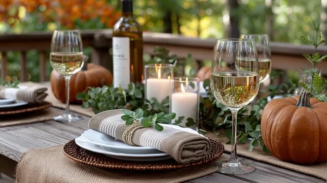 Beautifully set table for a fall gathering with wine, candles, and pumpkins, creating a warm and inviting atmosphere in nature