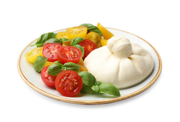 Delicious burrata cheese with basil and tomatoes isolated on white