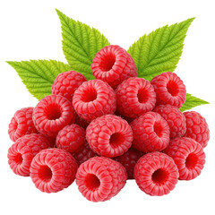 A generous pile of fresh, ripe red raspberries with distinct drupelets, velvety texture, and glistening dew drops, alongside green leaves, on a transparent background with copy space, fresh fruit and
