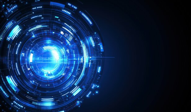 Abstract futuristic blue digital technology background with circular glowing elements and space for design concept of science, innovation or business.