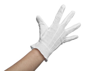 Woman in cloth glove on white background, closeup