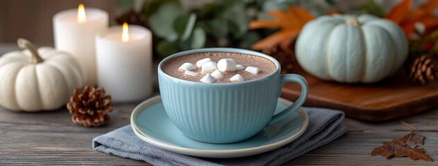 Enjoy a cozy ambiance featuring warm cocoa topped with marshmallows, surrounded by autumn decorations and softly glowing candles