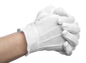 Woman in cloth gloves clasping hands on white background, closeup
