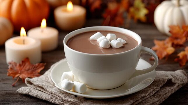Enjoy a comforting cup of hot chocolate with marshmallows amid fall decor and soft candlelight for a cozy atmosphere