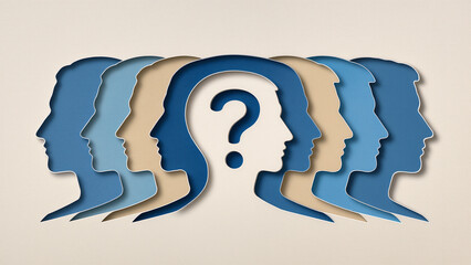 Question about mental and mind, Psychology and brain science, Question mark and stacked person head silhouettes