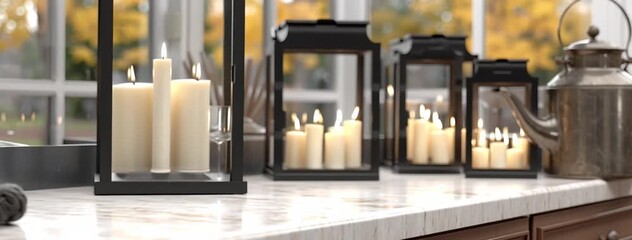 A calm cat enjoys a peaceful nap on the countertop, with glowing candles and beautiful autumn leaves outside the window