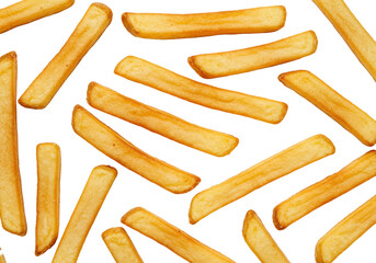 Golden, crispy french fries with potato texture, scattered on a bright transparent background, soft shadows, top-down flat lay. Concept for fast food advertising