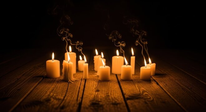Burning candles with smoke rising on dark wooden surface background. - Powered by Adobe
