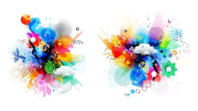 Colorful abstract shapes and splashes forming dynamic digital art compositions - Powered by Adobe