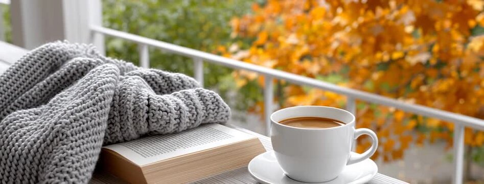 A person relaxes by sipping coffee, wrapped in a soft blanket, enjoying a good book and the autumn scenery