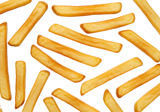 Golden, crispy french fries with potato texture, scattered on a bright transparent background, soft shadows, top-down flat lay. Concept for fast food advertising