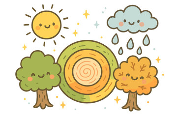 Cheerful Climate Doodles. Cute doodle climatic reconstruction scene with smiling trees, cartoon rings colored to show seasons,