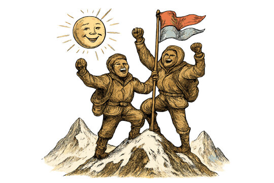 Jubilant Climbers' Triumph. Historic first ascent moment with jubilant climbers on a peak, fluttering flags, and smiling sun above