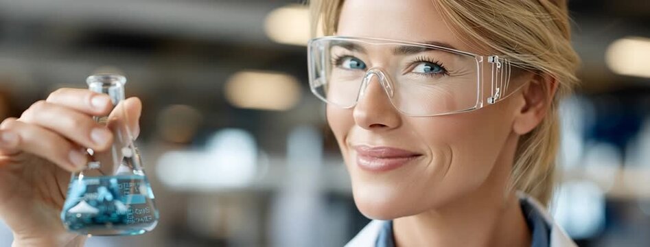 Scientist in protective gear observes and interacts with colorful substances, demonstrating passion and expertise in her field