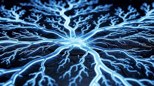 Dynamic neural network pulsing with blue energy, a futuristic vision of interconnectedness and artificial intelligence, perfect for tech brands