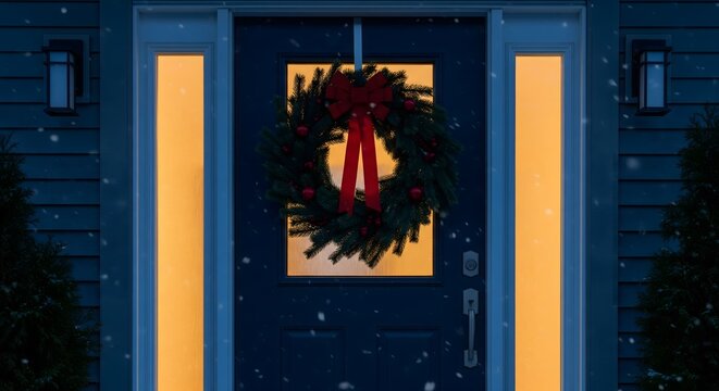 Festive Christmas wreath on front door glows warmly at night during snowfall creating cozy holiday magic and inviting welcome home feeling