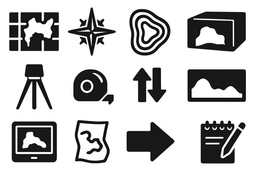 Cave Cartography Icons. Solid style icons of cartography of cave systems: cave map grid, compass rose, contour lines, 3D cave