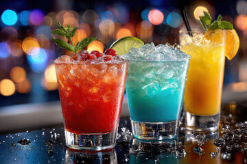 Three colorful cocktails on bar with city lights bokeh