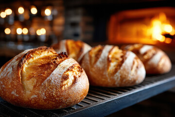 Freshly Baked Loaves of Bread Cooling by a Warm Oven