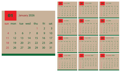 Year 2026 full annual calendar grid with red and green design