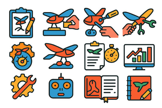 Ornithopter Design Icons. Flat vector icons of ornithopter design workflow: sketching, prototyping, assembly, wing attachment,