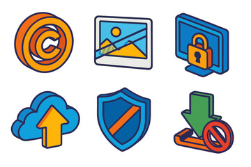 Digital Copyright Protection. Isometric vector illustration set Digital Copyright Protection: copyright © symbol, watermarked