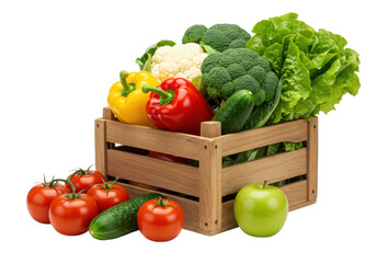 Rustic wooden crate overflowing with fresh tomatoes, bell peppers, cucumber, broccoli, and apple, on a transparent background. Abundant organic harvest concept