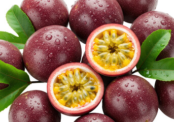 Ripe purple passion fruits, whole & sliced, revealing vibrant yellow pulp with black seeds, deep green leaves, glistening water droplets on a transparent background, concept of natural vitality and