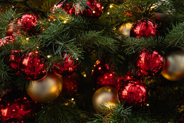 Christmas tree decorated red balls and lights garland. Xmas holiday spirit. Winter. Outdoors.