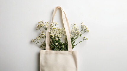 White shopping bag with green leaf decor
