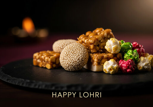 Traditional Indian Sweets and Snacks for Happy Lohri Festival Celebration. AI Generated - Powered by Adobe