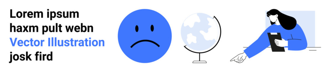 Emotional awareness, global issues, learning, remote working, education, design . Sad face emoticon, globe woman analyzing a document. Emotional awareness and global issues visually