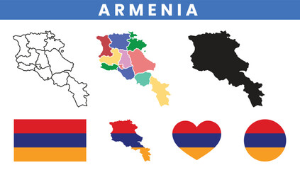 Obraz premium Armenia map vector with provinces and national flag set