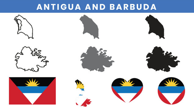 Antigua and Barbuda map vector with islands and national flag set