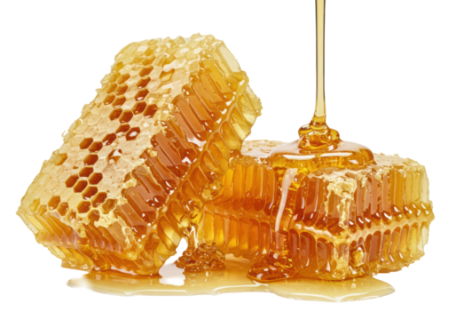 Two irregular chunks of raw, golden natural honeycomb with glistening hexagonal cells, amber honey dripping and pooling, isolated on a transparent background, health-conscious food concept