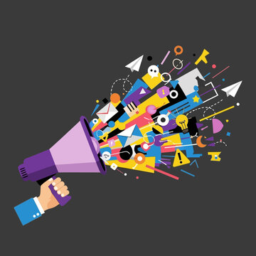 Hand holding a purple megaphone with colorful geometric shapes and icons bursting out of it on gray