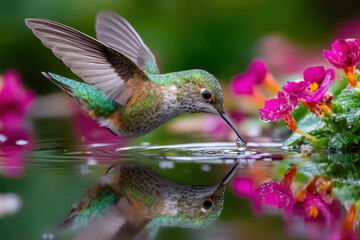 Fototapeta premium Hummingbird feeding at a tranquil garden pond surrounded by colorful flowers in the morning light