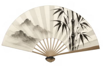 Hand fan with traditional asian ink wash painting of bamboo and mountains on transparent background